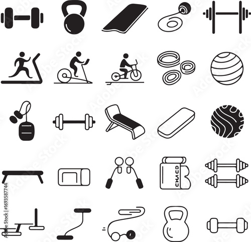 Collection of black and white fitness equipment icons on white background exercise workout