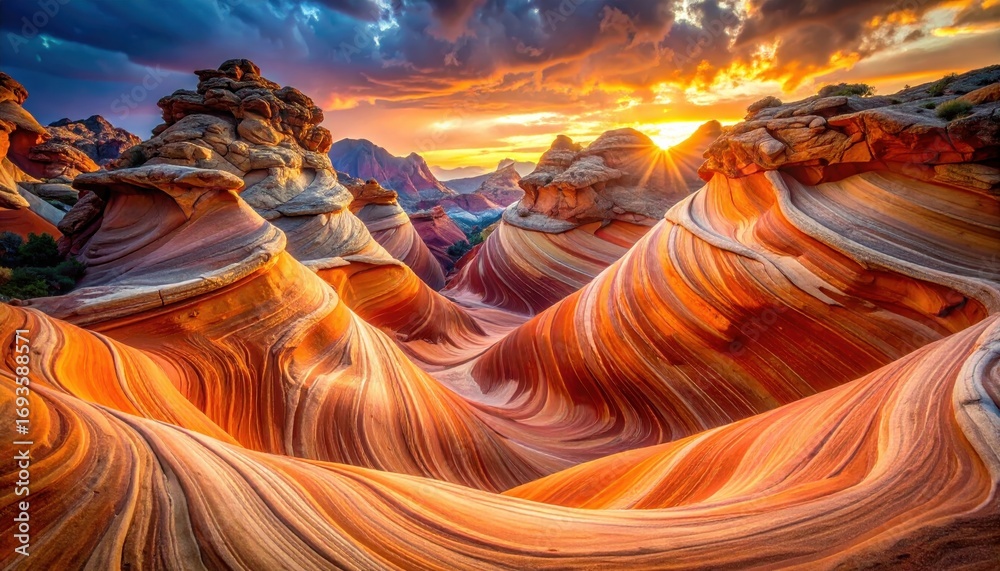 Obraz premium A breathtaking vista of swirling, vibrantly hued rock formations bathed in the golden light of a stunning sunset.