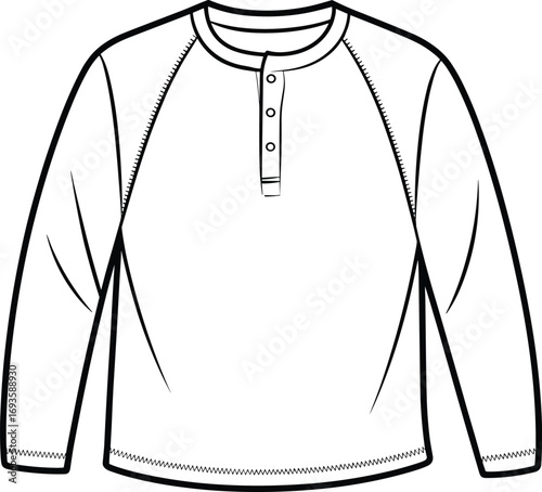 Black and white line drawing of a long sleeve henley shirt with buttons clothing apparel
