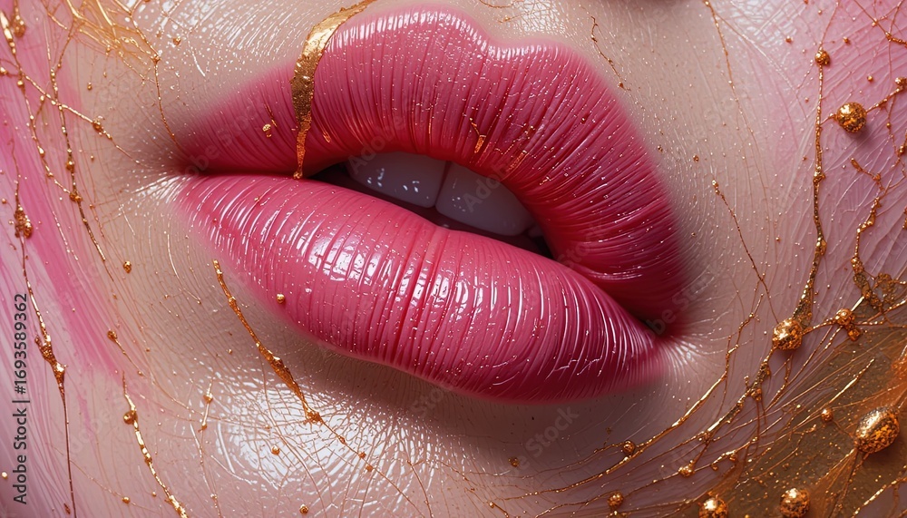 Fototapeta premium Close-up view of luscious pink lips adorned with golden streaks and droplets, evoking a glamorous and artistic beauty aesthetic.