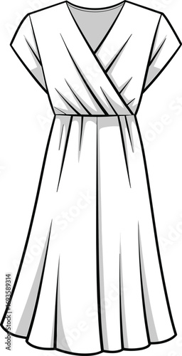 Black and white line drawing of a short sleeve wrap dress with pleated skirt Keywords: wrap dress, short sleeve dress, v-neck