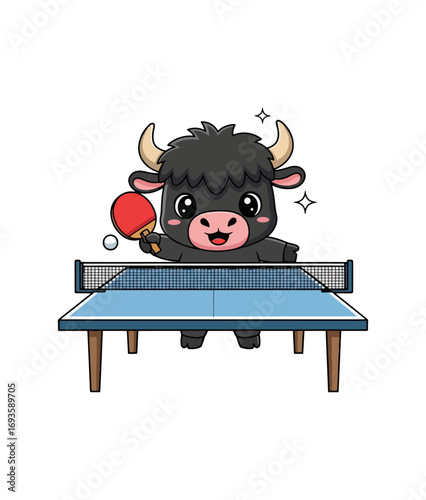 Cute cartoon bull playing table tennis with paddle and ping pong ball illustration vector