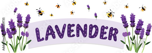A colorful vector image featuring lavender flowers and bees, highlighting the beauty of nature.
