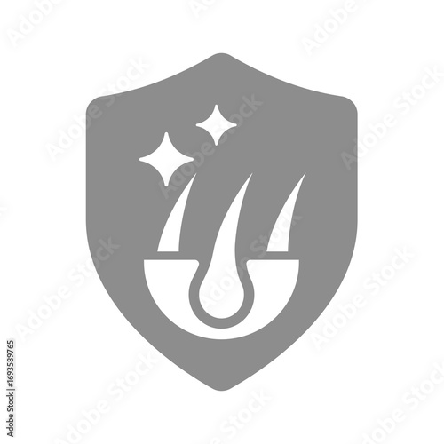 Healthy hair and anti dandruff vector icon. Hair follicle and shield, protection and care shampoo, shiny hair.