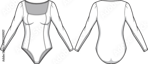 Fashion flat sketch front and back view of a white long sleeve square neck bodysuit drawing