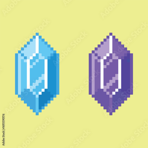 Shining pixel crystal blue and purple on soft yellow background