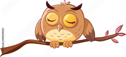 A peaceful owl resting on a branch, eyes closed, showcasing its tranquil demeanor in the trees.