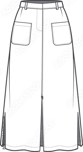 Fashion flat sketch of a white midi skirt with front slit and pocket details drawing
