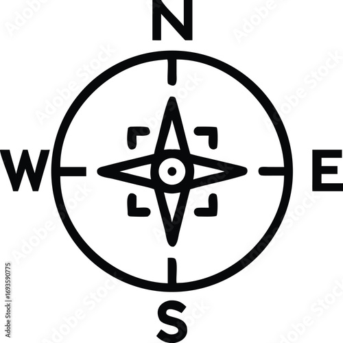 A monochrome depiction of a compass, highlighting its classic features and cardinal points.