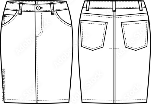 Front and back view fashion flat sketch of a denim pencil skirt vector illustration