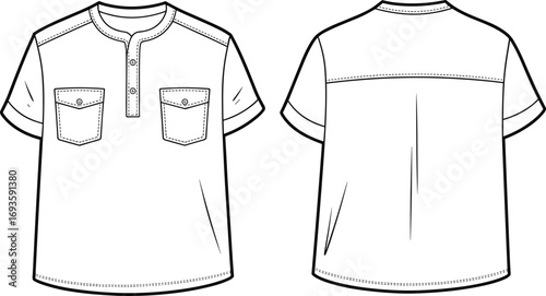 Front and back view of a short sleeve henley shirt with two chest pockets t-shirt apparel