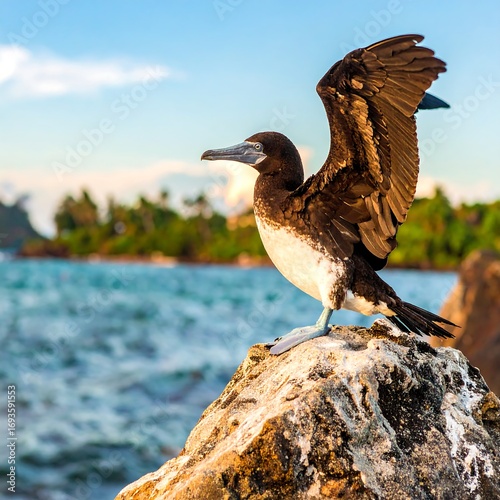 Gull preening on a rock by the sea
