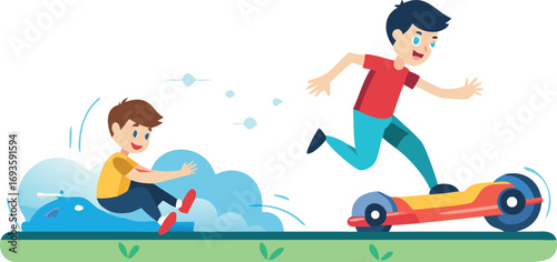 Two boys share a skateboard, enjoying a ride together while maintaining their balance.

