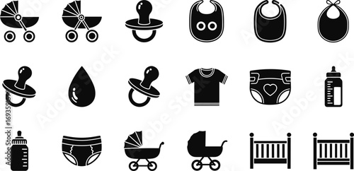 Black and white baby care icons set including strollers, pacifiers, bibs, bottles, diapers, cribs, vector design for parenting