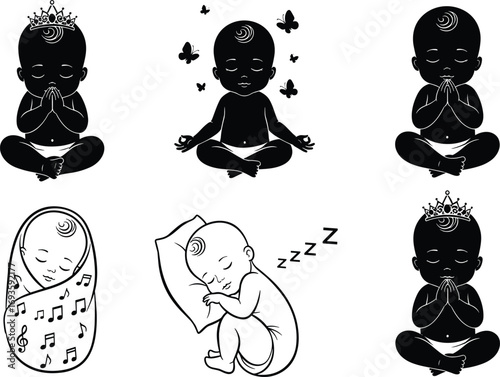 Black silhouette set of babies in meditative and sleeping poses—vector illustration with crowns, butterflies, music, and peaceful themes