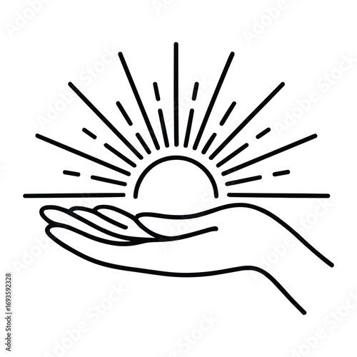 Minimalist line art of a hand holding a rising sun with radiating light beams