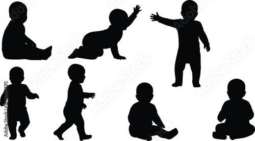 Black silhouette set of babies in various poses—crawling, sitting, standing, walking—vector illustration for infant development and childcare themes