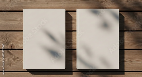 Books on Wooden Surface with Leaf Shadows.