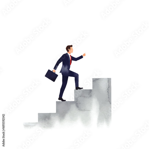 Driven businessman climbing stairs to success, envisioning career growth and achieving professional goals