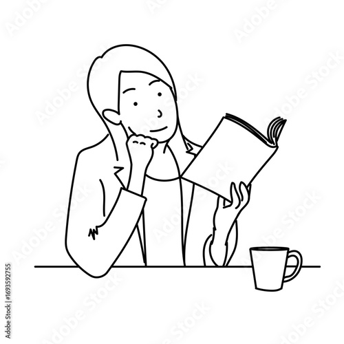本を読む女性の線画イラストとコーヒーカップ｜学びや読書、ライフスタイルを表現するシンプルでミニマルなベクターイラストで教育やビジネスのコンテンツに最適です