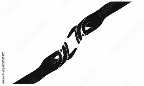 Silhouette of two hands reaching each other, minimal black and white design symbolizing connection, help, support, charity, unity. Perfect for logo, poster, microstock.Helping Hands Icon Vector.