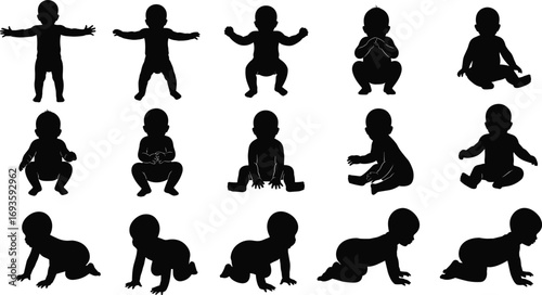 Black silhouette set of fifteen babies in crawling, sitting, standing, and reaching poses—vector illustration for infant development themes