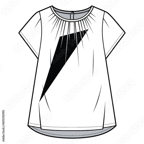 White short sleeve blouse with gathered neckline and black abstract graphic fashion clothing