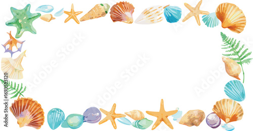 A vector design showcasing a border of watercolor sea shells in gentle hues, perfect for coastal-themed projects.
