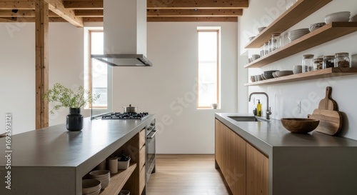 Sunlit Japandi Kitchen with Exposed Beams, Concrete Island, and Open Shelving