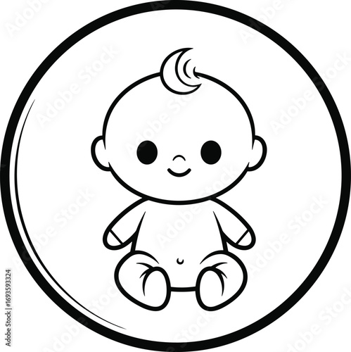 Cute baby line art sitting inside circular frame, black and white vector illustration for childcare, parenting, and newborn design