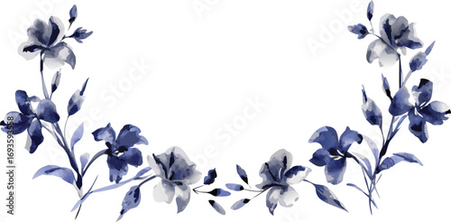 A collection of watercolor blue flowers set against a white background, showcasing a soft and artistic floral design.