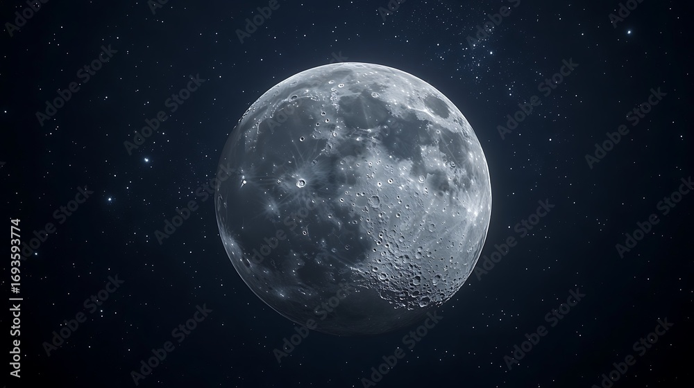Obraz premium Full Moon Phase with Crater Detail and Stars in Space Lunar Surface Texture
