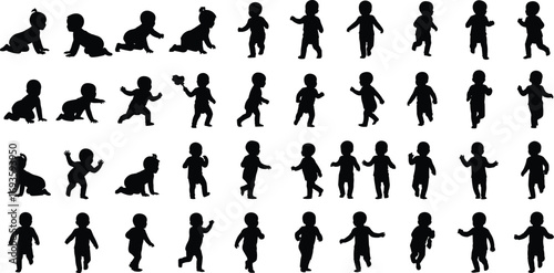 Silhouette sequence of child development stages from crawling to walking and running, black vector illustration for educational and motion design