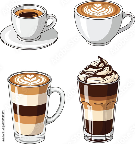Diverse Coffee Drinks Illustrated Cappuccino Latte Macchiato and Espresso Set on White Background