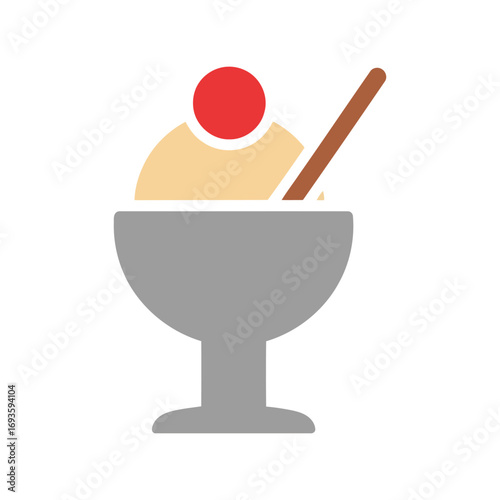 Refreshing vanilla ice cream sundae with cherry topping and spoon simple flat icon vector