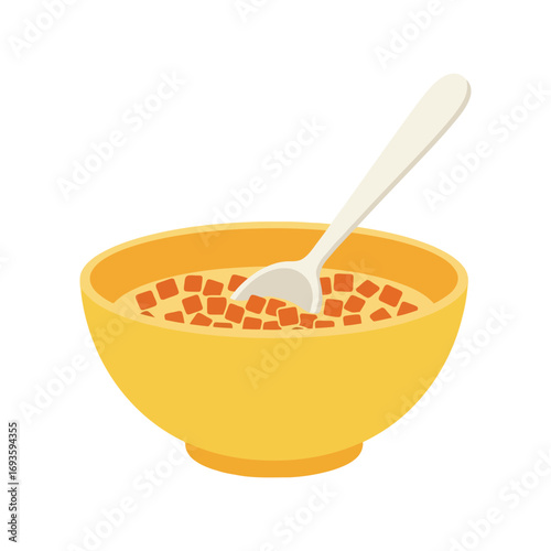 Healthy breakfast cereal with milk and spoon in yellow bowl ready to eat vector