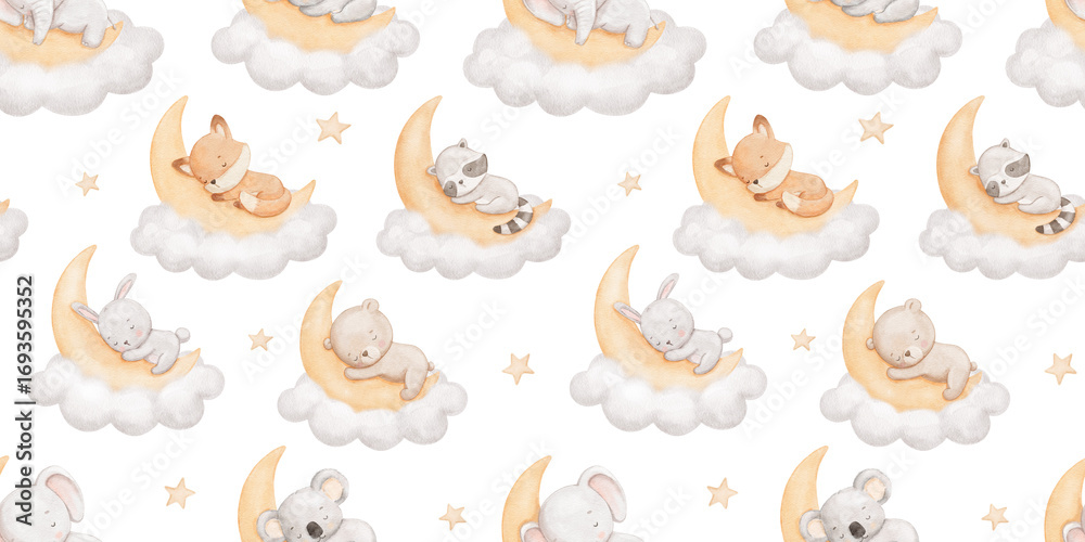 Fototapeta premium Seamless watercolor pattern with cute bear, fox and bunny sleeping on moon on cloud, hand drawn repeating background for kids, nursery