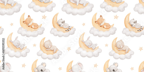 Seamless watercolor pattern with cute bear, fox and bunny sleeping on moon on cloud, hand drawn repeating background for kids, nursery
