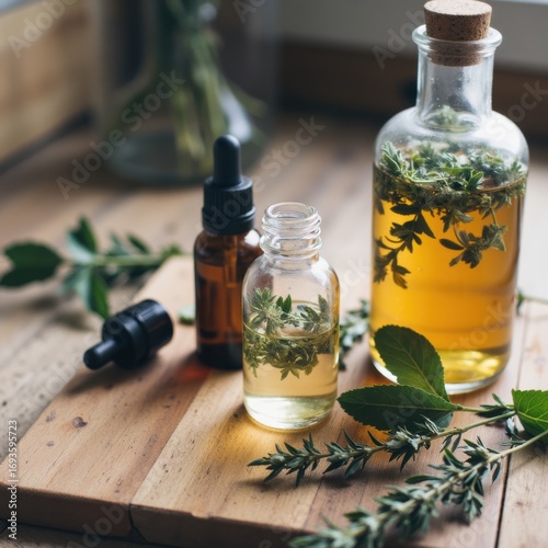 Herbal infusions and essential oils in glass bottles