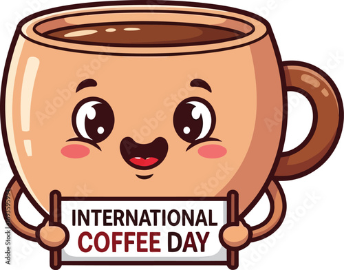 Adorable Cartoon Coffee Cup Character Celebrates International Coffee Day with a Sign