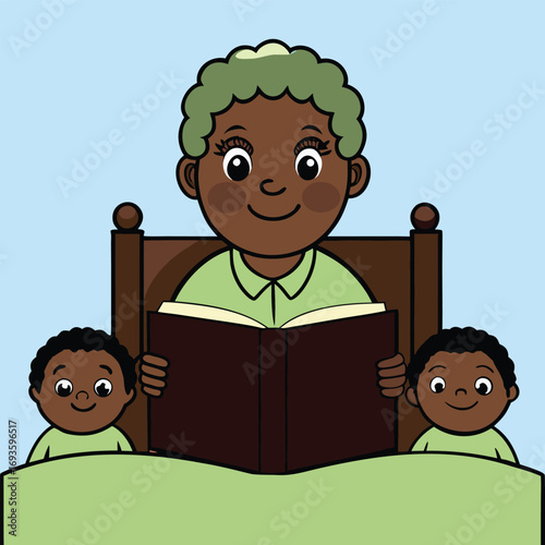 Grandma reading a storybook to her grandsons in bed for a sweet bedtime story moment together