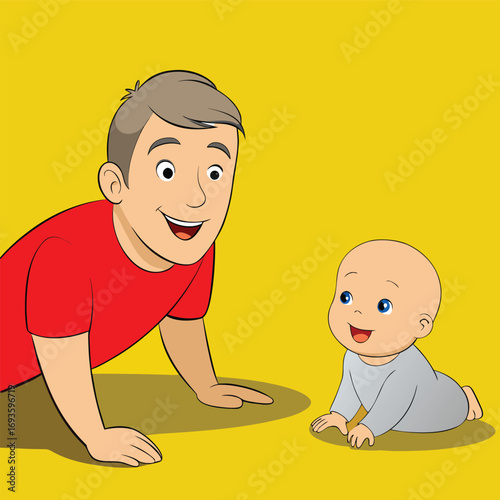 Happy father encouraging baby's first steps, creating precious memories together in playful illustration