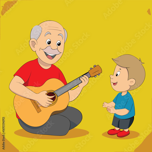 Cartoon grandpa sharing music joy with grandson playing guitar creating cherished family moments