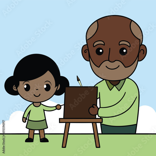 Adorable cartoon of grandfather teaching granddaughter how to paint, bonding through art activities together