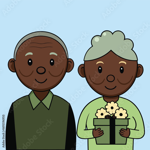 Adorable cartoon of happy grandparents, grandma holding flowers, perfect for heartwarming family projects
