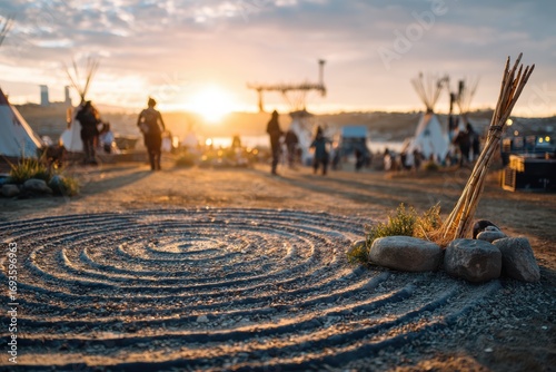 Sunset Over Serene Outdoor Gathering with Rock Path, Tents, and People Enjoying Nature and Community Spirit at a Peaceful Festival Event