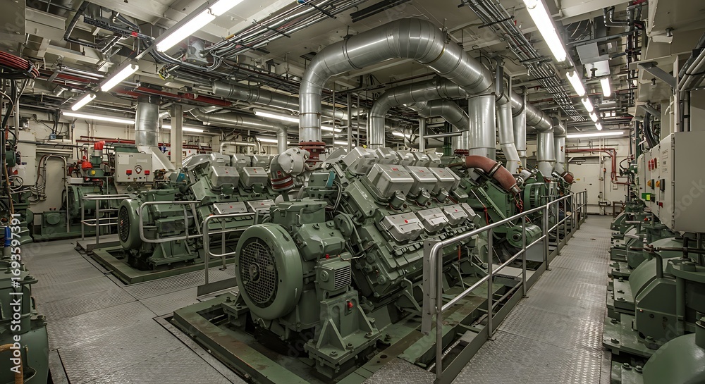 Fototapeta premium The powerful heart of a modern vessel, an expansive engine room filled with massive diesel generators and intricate machinery