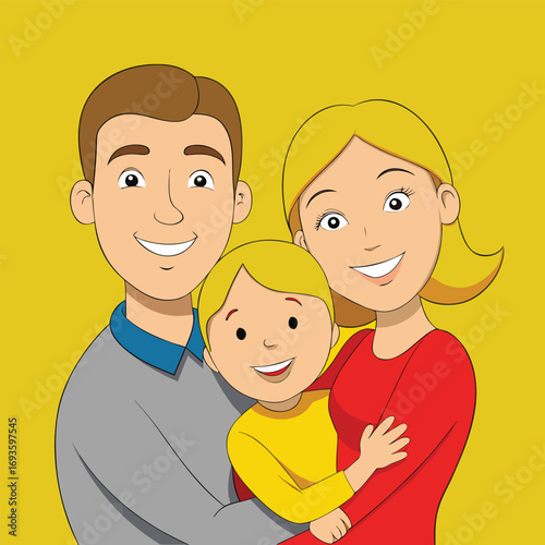 Happy cartoon family portrait with smiling parents and child expressing love and togetherness cheerfully