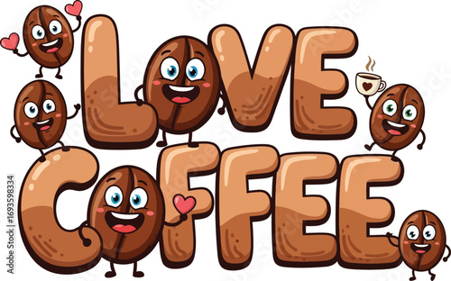 Playful Coffee Bean Cartoon Illustration with Love Coffee Message