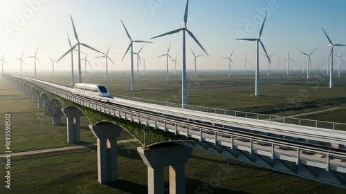 A high-speed futuristic train on a bridge surrounded by wind turbines, Sustainable transportation and renewable energy landscape with advanced rail technology